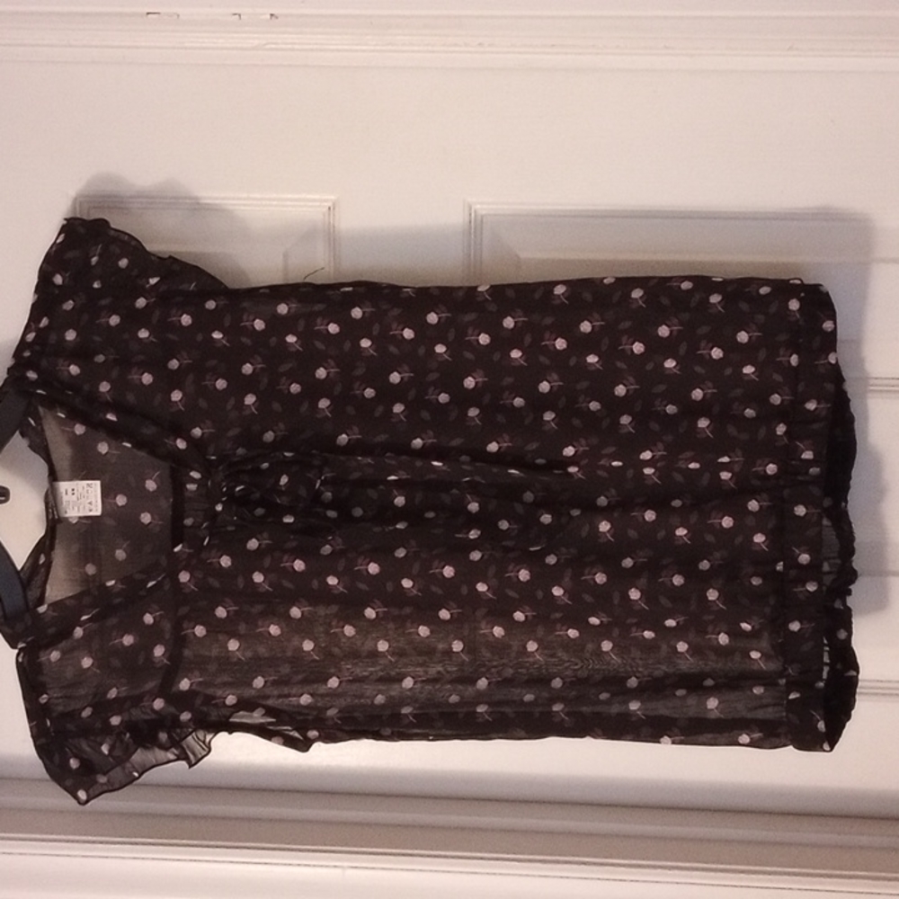 Black sheer short sleeve top with pink floral print.